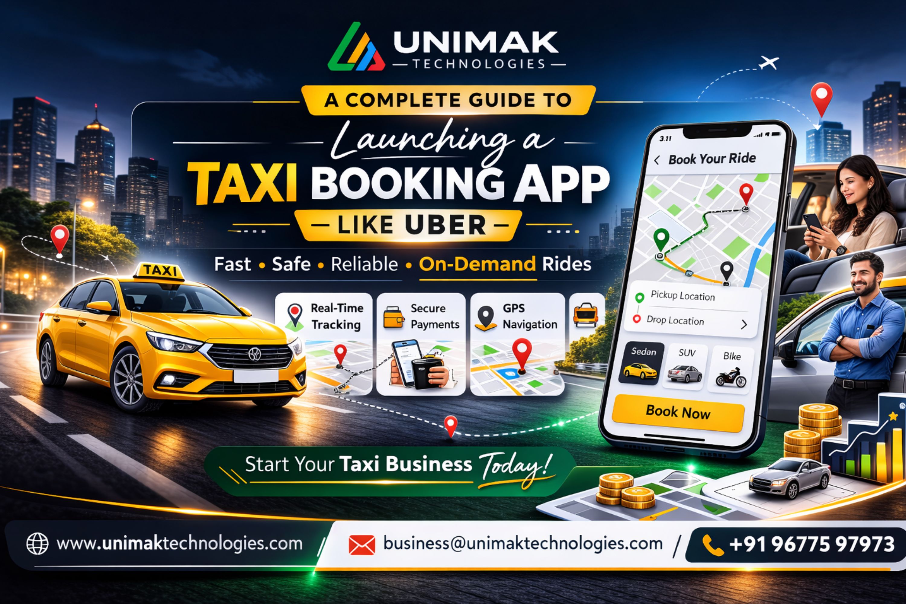 Unimak Technologies taxi booking app blog banner with city background, app mockup, and contact details.